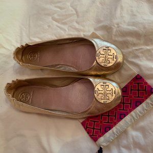 TORY BURCH MINNIE FLAT ROSE GOLD LEATHER 8.5M